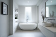 © OneStockShop - peaceful bathing space, relaxing standalone tub surrounded by textured tiles and gentle sunlight