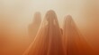 © Constantine Art - Three ethereal figures in flowing translucent veils stand diffused in a warm, hazy desert landscape, evoking a mysterious, dreamlike presence.