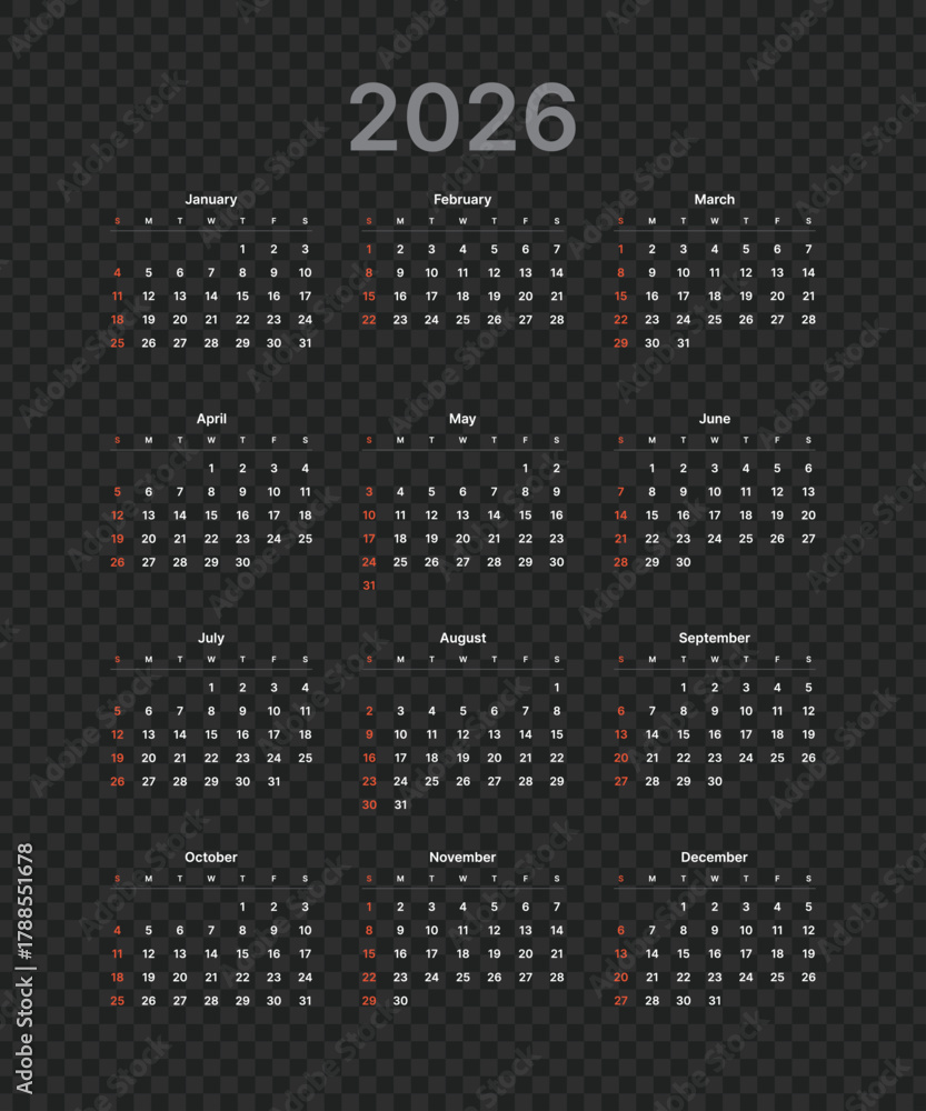 Monthly calendar 2026 week start Sunday corporate design template ...