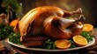 © Intie - A roasted bird is displayed, surrounded by citrus, greens, and resting on a decorative plate