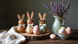 © Vadym - Three wooden bunny figures with pastel eggs sit on a rustic wood slice. A vase of lavender and a bowl of eggs are nearby. This charming scene suggests Easter holiday decor and springtime festivities.