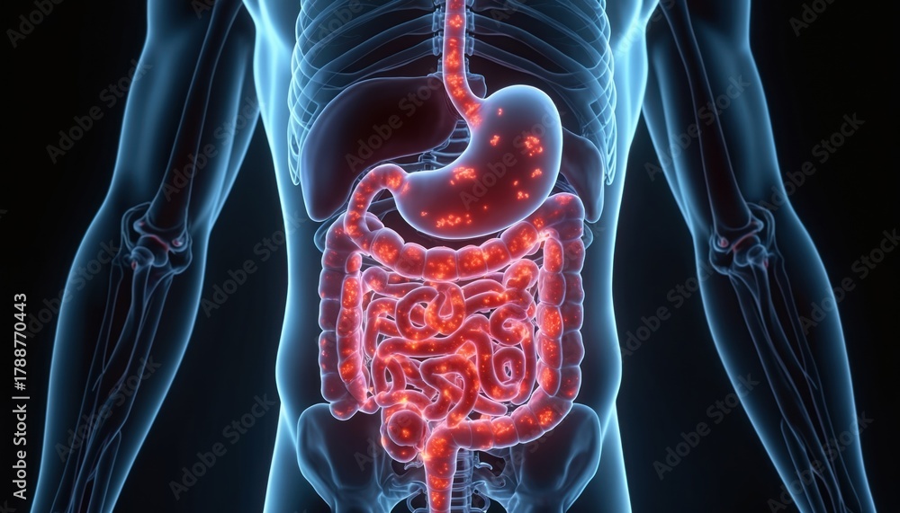 Red Color Digestion Internal human digestive system glowing red showing stomach and ...