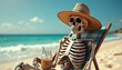 © Vadym - A skeleton relaxes on a sunny shore, wearing a hat. It sits in a lounge chair by the blue ocean. The bony figure holds a refreshing drink, enjoying a funny summer holiday break by the sea.