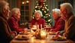 © Vadym - Elderly friends share festive Christmas dinner by candlelight. Happy seniors laugh, enjoy holiday meal together near decorated tree. Warm, cozy home atmosphere.