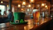 © Vadym - Green St Patricks Day hat with clover sits on pub bar next to pint of beer. Blurred background shows people at tables in cozy Irish pub interior. Festive mood.