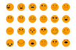 © Monika Jurczyk - Set of 24 orange hand-drawn emoticons on black background, showing various facial expressions and emotions. Vector-style PNG for design, social media, and graphic projects. High resolution icons.