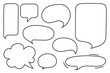 © Monika Jurczyk - Hand-drawn black speech bubbles outlines in various shapes. Playful dialogue balloons including square, oval, cloud, and rounded rectangle designs on white background for comics, texts. High-res PNG