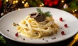© VictoriaEmerson - Plating of gourmet pasta with fresh black truffle shavings on a white plate, decorated for a festive holiday dinner