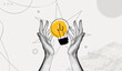 © accogliente - Trendy Halftone Collage Two Hands holds lightbulb. Creative mind or brainstorm. Create creative idea concept. Business solutions. Think outside the box. Marketing time. Contemporary vector art