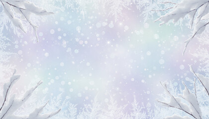 Naklejka na meble Frosted winter branches frame peaceful pastel background with sparkling light bubbles and snow