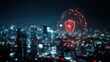 © Stocksy - Digital security shield hovers over a dark city skyline at night.