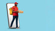© Prostock-studio - Black Deliveryman With Pizza Boxes In Hands Walking Out Of Big Smartphone Screen Isolated Over Blue Background, Creative Collage For Online Food Ordering Application, Panorama With Copy Space