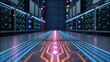 © waragron - A futuristic server room with colorful lights illuminating the data racks and a circuit-like pathway on the floor, emphasizing technology and connectivity.