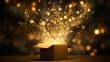 © Luan - Open cardboard box emitting a burst of golden sparkles and bokeh lights on a dark blurred background