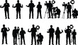 © MD - Silhouettes of media crew working with cameras, microphones, lighting equipment, journalists, reporters, broadcasting team in action, flat vector