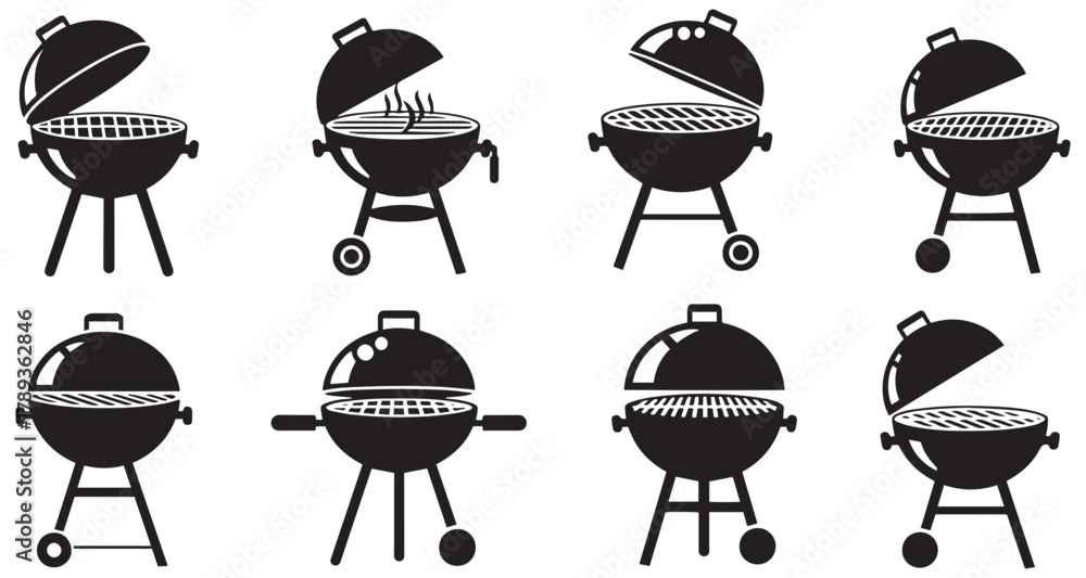 Grill bbq set collection pack black icon silhouette vector flat ...