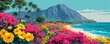 © Thamonchanok - Vintage Hawaii postcard with scenic illustration concept. A vibrant beach scene with bright flowers and majestic mountains.