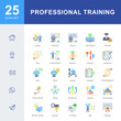 © Dewi Sari - An 25 icon set illustrating professional training and skill development, including workshops, seminars, coaching, communication, e-learning, and team building activities.