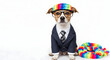 © THIBNH - Dog in suit. Pet is dressed up in humorous stylish suit complete with a tie for intellectual look. Trendy dog clothing for Funny humor. Dog with glasses and colorful costume 49985449 1