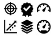 © peppastocker - Model Accuracy Icons. Model Accuracy silhouette icon set: target icon, checkmark badge, accuracy gauge, precision chart, AI model layers, performance meter.