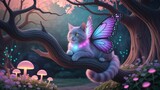 Fantasy cat with glowing butterfly wings resting in a magical forest