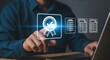 © TechNova Graphics - Businessman using laptop for document and certificate quality assurance