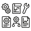 © peppastocker - Bold Engineering Icons. Engineering prototype silhouette icon set: gears, blueprint paper, wrench, cogwheel, document, diagram.