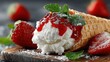 © aishale - Waffle cone with cream strawberry topping and mint leaves on wooden board.