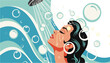 © AswarAdobeStock - Beautiful woman enjoying a refreshing and cleansing shower with water streaming down her face, surrounded by stylized bubbles and waves in a retro vector illustration