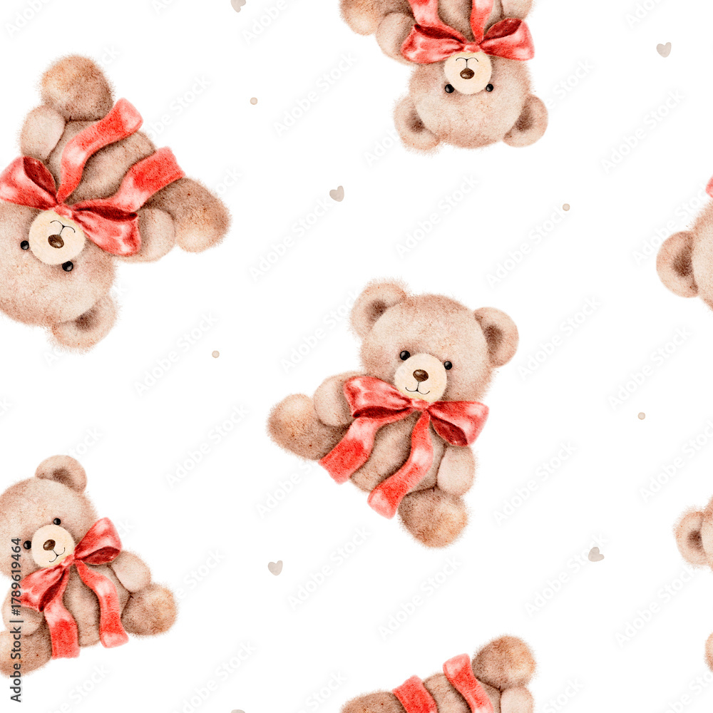 Seamless pattern with watercolor teddy bears wearing red ribbon bows ...