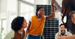 © FrameOn/peopleimages.com - High five, smile or team in office with solar panel, applause or approval of green business project. Win, group or people in agency with success, achievement or good news for renewable energy pitch