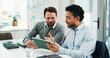 © PeakCC/peopleimages.com - Tablet, team and business men with discussion, insurance proposal or conversation in office. Technology, planning and meeting for idea, risk management and problem solving for policy coverage