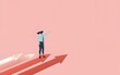 © fu - Leadership, leading to success or business vision concept. Businesswoman is pointing direction forward and standing on flying arrows in pink background. High quality