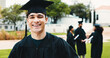 © peopleimages.com - Laugh, graduation and portrait of man outdoor for university success, achievement and milestone. Graduate, student and person on campus to celebrate education, learning or studying goals at college