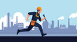 © Nur - Male worker in hard hat and overalls running with a wrench in front of factory buildings with smoke stacks.