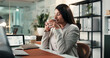© peopleimages.com - Calm, drink or businesswoman in office with coffee cup, satisfied or reflection in morning routine. Smile, aroma or Indian employee in agency with mug, mood improvement or mindfulness at start of day