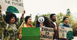 © peopleimages.com - Sign, park and protest with people for earth, stop pollution and go green. Outdoor, students and rally with poster for climate change, sustainability and protect environment with call to action