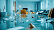 © Sunday Cat Studio - A flooded indoor space with debris scattered and water covering the floor.