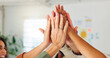 © Wess/peopleimages.com - Hands, team and high five with celebration at startup, support and motivation for goals at office. People, group and happy with success, collaboration or excited for achievement at creative agency
