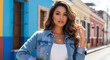 © Pix Yours - Latin American-inspired woman wearing a denim jacket and tank top with wavy layered hair and natural glossy makeup, standing near colorful buildings in bright daylight, captured in a vibrant street