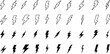 © Sk - Set of black and white lightning bolt icons, various electric power and energy flash symbols, minimalist thunder shapes collection for electricity, weather, or technology design elements.