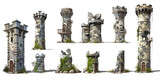 Collection of ancient, weathered stone castle towers in various states of ruin and overgrowth.