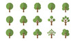 © Bechi - A collection of 15 flat design tree icons with various green leaf shapes and brown trunks, illustrating different types of stylized foliage.