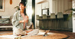 © peopleimages.com - Vision, water bottle and yoga with woman on floor in living room of home for online holistic course. Drink, tablet and thinking with mature yogi person in apartment for virtual health tutorial