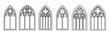 © Mr. Stocker - Set of gothic arched windows with decorative tracery. Medieval cathedral architecture elements in a minimal line art style. Classic church window silhouettes for design