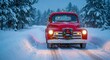 © Naveed - Vintage red truck with Christmas lights and wreath on snowy road
