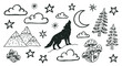 © Mr. Stocker - Hand drawn collection of mystical forest and mountain elements in a doodle style. A howling wolf silhouette with moon, stars, pine trees, clouds and mushrooms clip art set