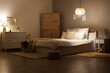 © Pixel-Shot - Interior of dark room with bed, nightstand and glowing lamps