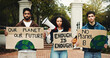 © peopleimages.com - Portrait, protest and people with poster, climate change and university with sustainability. Serious, group or activist with cardboard, global warming awareness or save earth with ecology and support
