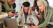 © Wess/peopleimages.com - Man, headache and chaos with team, overwhelmed and review for project with deadline at media company. Person, computer and crisis with stress, pain and multitasking with brain fog at creative agency